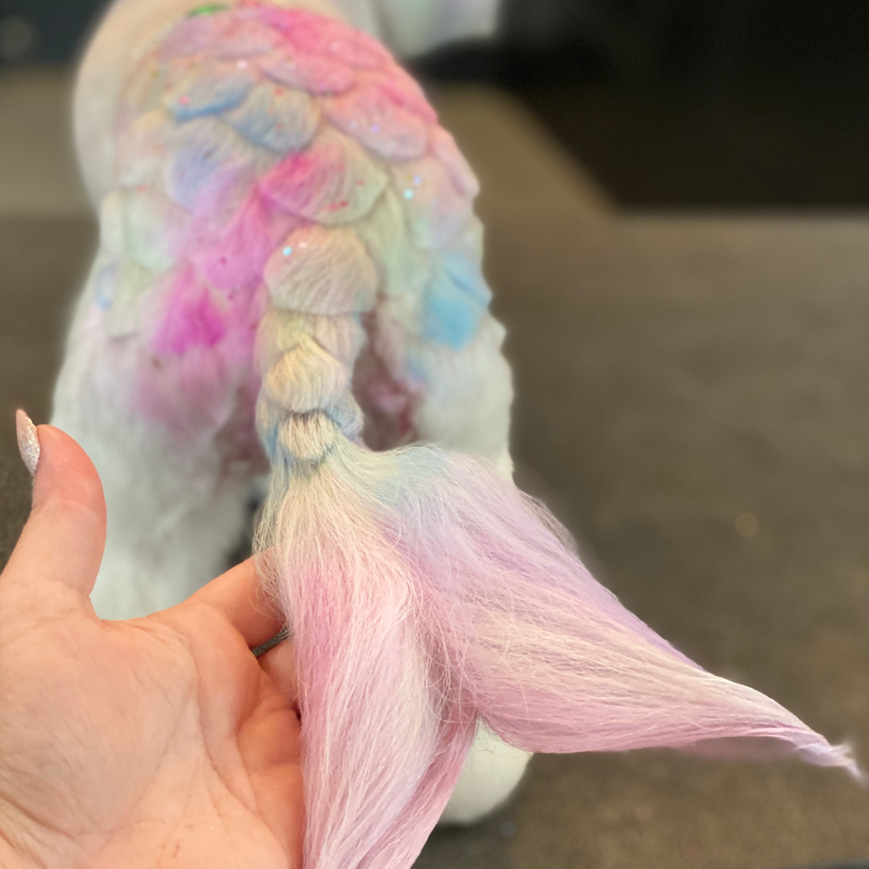 Colorful mermaid fishtail design in dog’s tail created by Andis groomer.